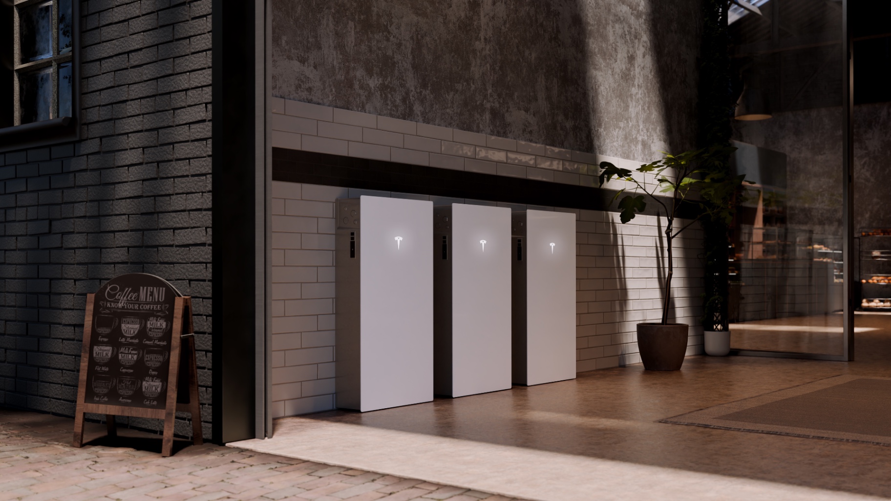 Drie Tesla Powerwall 3P thuisbatterijen naast elkaar voor extra energieopslag