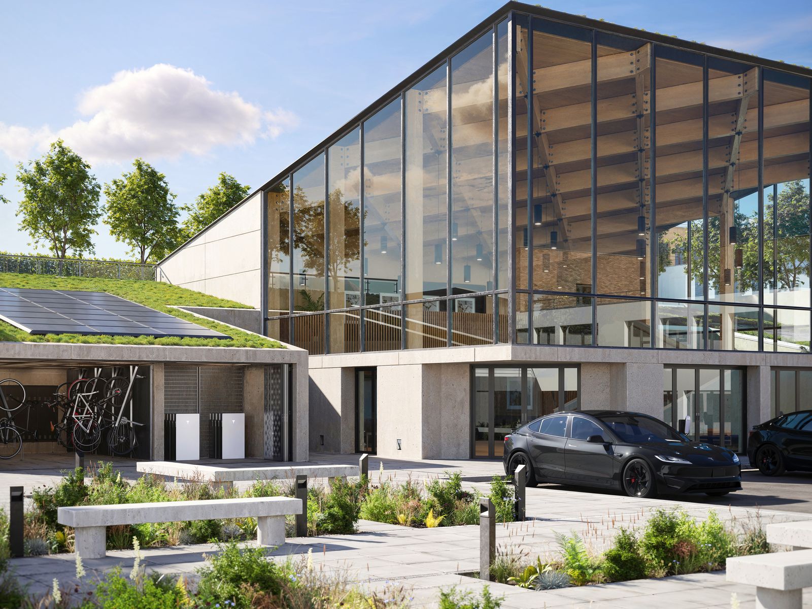 Twee Tesla Powerwall 3-units naast een elektrische auto, met zonnepanelen op het dak