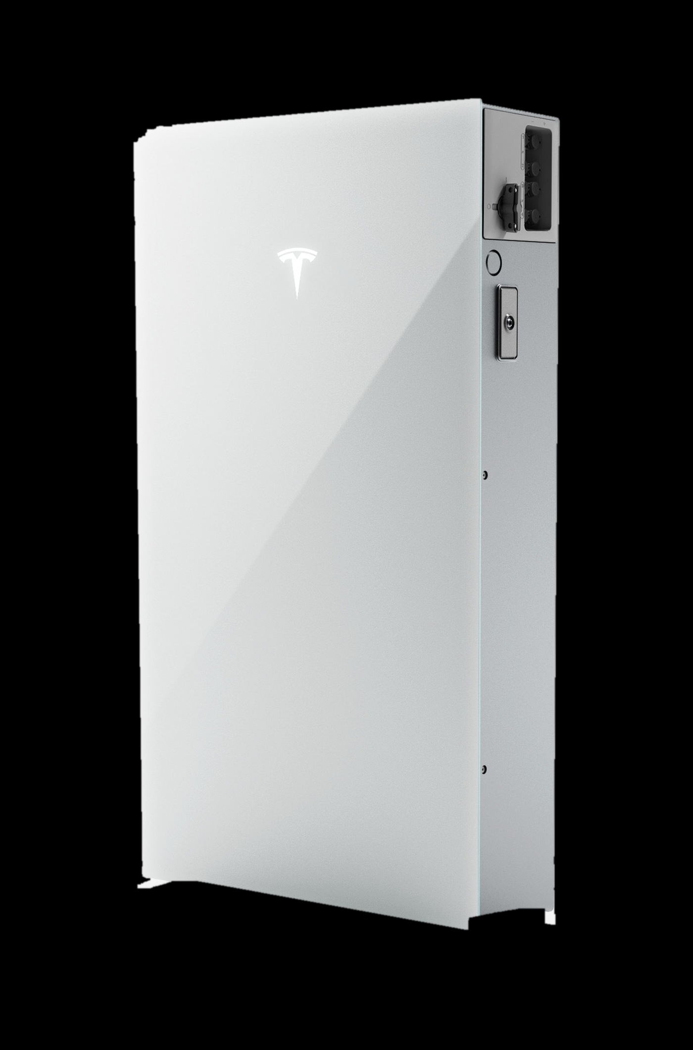 Tesla Powerwall 3P thuisbatterij op donkere achtergrond, officiële Tesla-productfoto